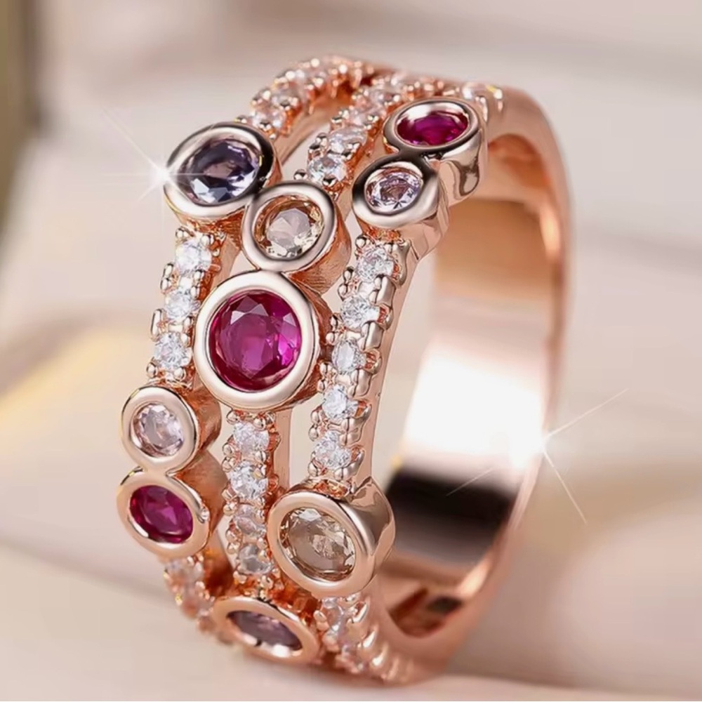 NEW Rose Gold Multistone Stackable Ring with Pink and Purple Gemstones